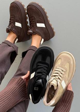 Демисезонные кеды на высокой подошве женские натуральная замша / кожа