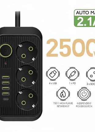 Сетевой фильтр питания ua power socket f09u на 6 метров 3 розетки +4usb +type-cport, сетевой удлинитель