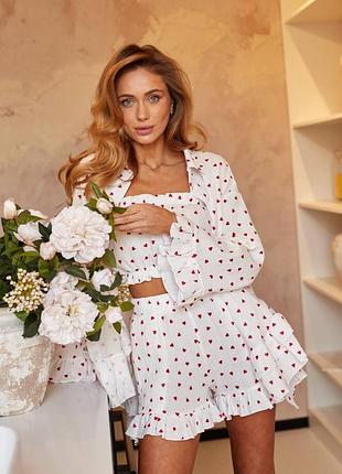 Женский домашний комплект с воланами сердце тройка топ шорты рубашка меслин