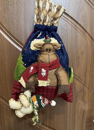 Мішечок для подарунків, торба, різдвяний мішок з 3d фігурками оленя та сніговика