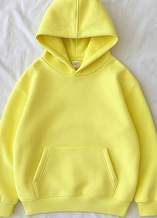Худи женское с капюшоном базовое стильное повседневное кофта толстовка кенгуру не кашлатится желтый лимонный