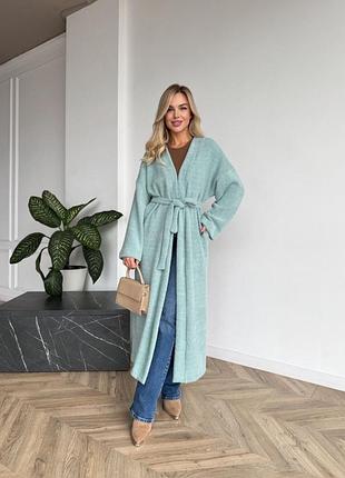Довгий теплий кардиган з поясом бірюзовий кардиган альпака