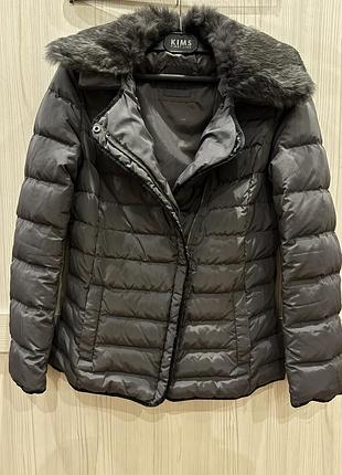 Жіночий утеплений пуховик deha з поясом та хутряним коміром, графітовий🩶