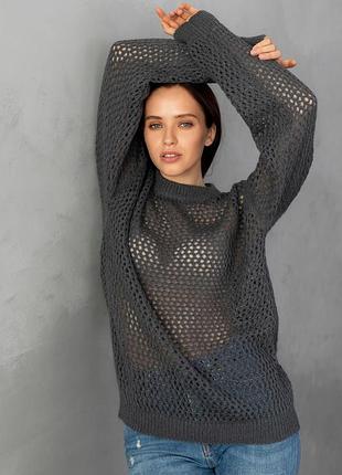 Напівпрозорий светр з преміальної пряжі на основі мохеру сірого кольору