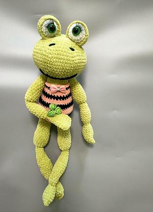 Лягушка веселая зеленая большая мягкая вязаная игрушка 52 см плюшевый сувенир ручная работа hand made