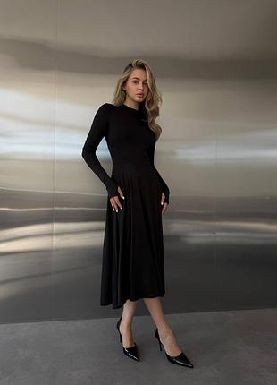 Жіноча довга чорна сукня міді з довгим рукавом через палець приталене жіноче довге плаття мікродайвінг