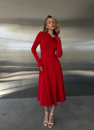 Жіноча довга червона сукня міді з довгим рукавом через палець приталене жіноче довге плаття мікродайвінг