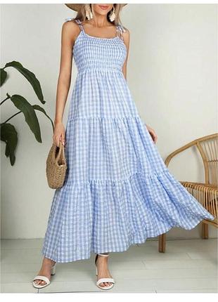 Плаття, сукня, довге, сарафан, в клітинку, натуральний, на море