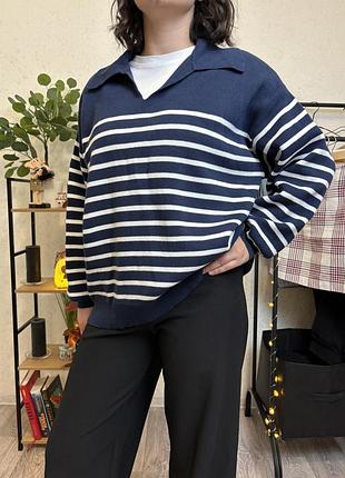 Темно-синій жіночий светр в білу смужку 💙🤍 розмір l