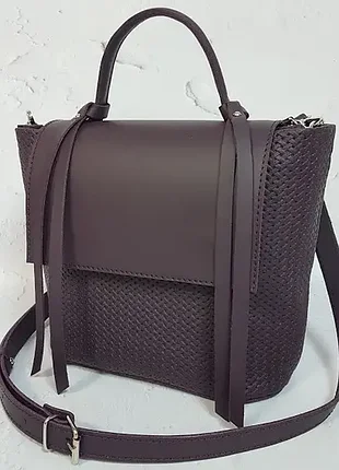 Сумка женская "керри" натуральная кожа, баклажан с тиснением под плетёнку