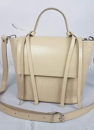 Сумка женская "керри" натуральная кожа, слоновая кость с тиснением под плетёнку