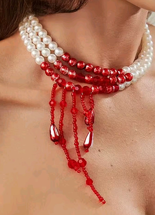 Колье, ожерелье трехслойное, готическое, готическое, капля, кровь, геловин, тренд