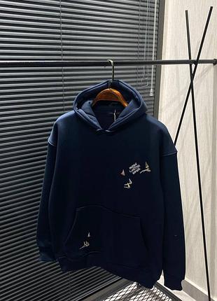 Худи женское / мужское синее с капюшоном осеннее весеннее зимнее на флисе теплое