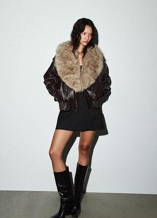 Куртка жіноча шкірянка коричнева з коміром zara new