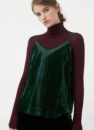 Зеленый изумрудный женский топ майка mango, на бретелях, бархатный, барзатный вечерний, коктейльный