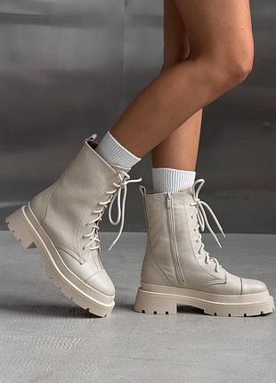 Натуральная кожа, высокие зимние женские бежевые ботинки