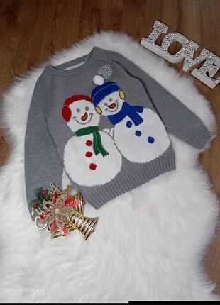 Новогодний мирор свитер кофта с снеговиками на 3-4 года
