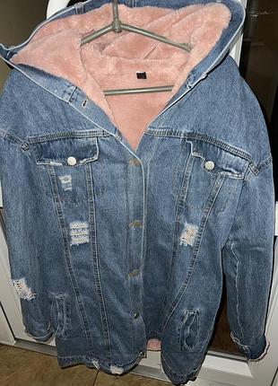 Джинсова подовжена утеплена куртка