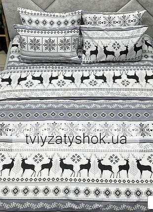 Комплект постельного белья новогодний черно-белый с оленями и орнаментом