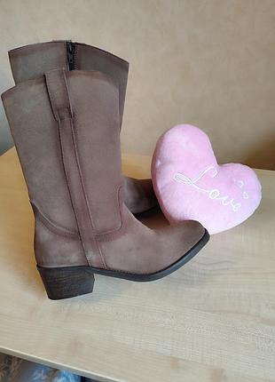 Сапоги коричневые замшевые р 39 25,5 см, низкий каблук