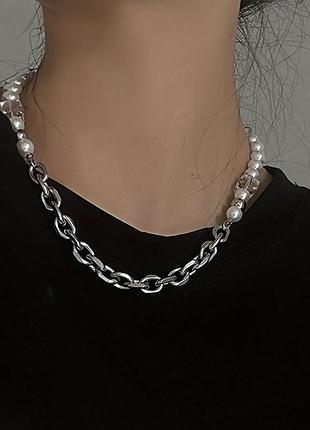 Тренд серебристое колье ожерелье подвес чокер нержавеющая сталь жемчуга винтажный стиль