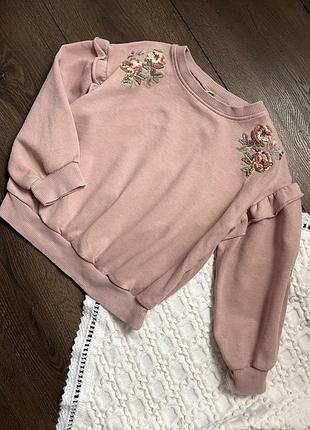 Рожевий світшот светр кофта для дівчинки з рюшами з вишитими квітами для дівчинки next некст 5 років 110 см