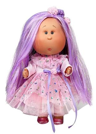 Іспанська вінілова лялька міа шарнірна дівчинка mia glitter з фіолетовим волоссям nines d`onil 30 см