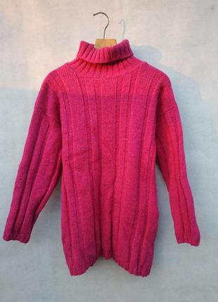 Теплый 100% шерсть удлиненный свободный свитер с высоким воротником next малинового розового цвета размер с