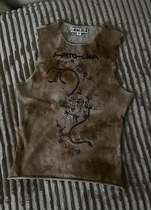 Топ сітка майка напівпрозорий брендовий i.am.gia з принтом оригінал коричневий бежевий троянди квіти змії місяць сонце