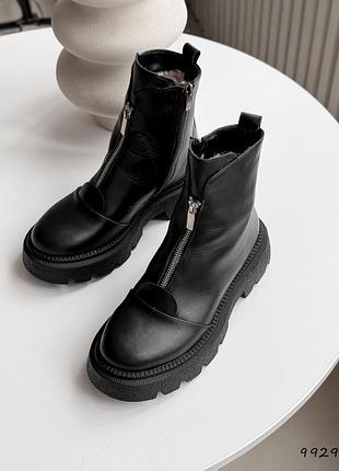 Натуральные кожаные зимние черные ботинки