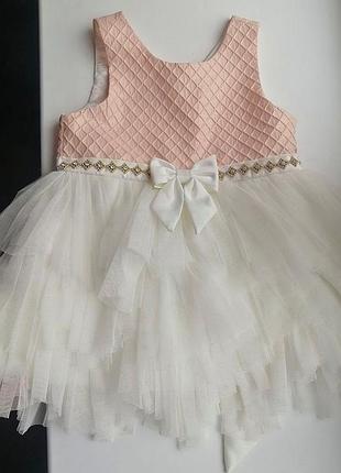 Платье праздничное красивое на 2 года, 92 см, платье стильное, на день рождения, с бантом, белое, персиковое
