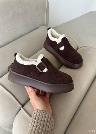 Лоферы зимние шоколадные из натуральной замши
