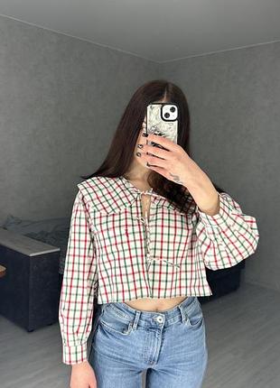 Укорочена сорочка в клітинку з коміром та на зав'язках