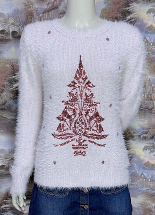 Светр жіночий новорічний s 42-44 розмір вʼязаний пухнатий з паєтками та кристалами