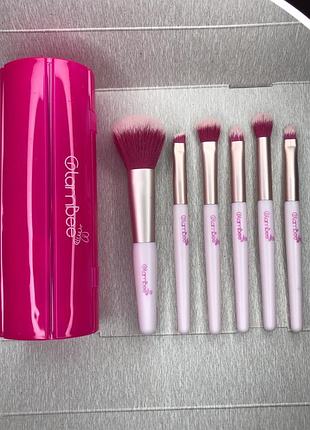 Дорожній набір пензлів пензликів в чохлі пеналі маленькі міні пензлі пензлики для макіяжу пудри рум’ян контуринга тіней брів консилера рожеві glambee