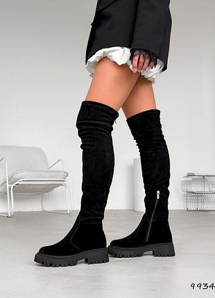 Ботфорты женские черные замша / замшевые ботфорты зима / зимние ботфорты из натуральной замши