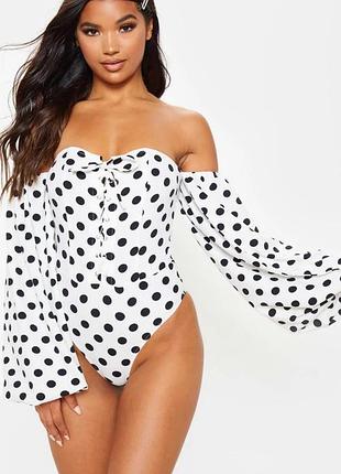 Боді prettylittlething (нове) — жіноче, з об'ємними рукавами та шнурівкою | біле, у горох | розмір s (uk 8)