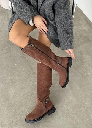 Чоботи євро зимові замшеві з хутром і байкою жіночі коричневі горіхові