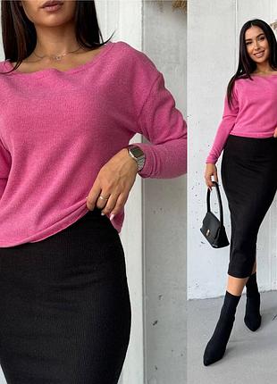 Костюм из ангоры в рубчик свитер и юбка миди прямого кроя с разрезом из зади