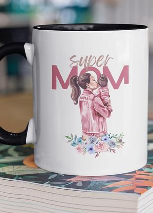 Чашка керамическая с принтом "super mom" 330 мл, белая с черной ручкой