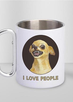 Чашка металлическая с принтом "i love people" 300 мл с карабином, белая
