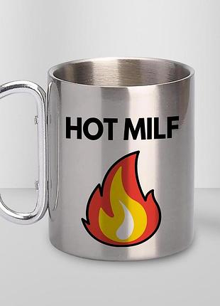 Чашка металева з принтом "hot milf" 300 мл з карабіном, срібляста