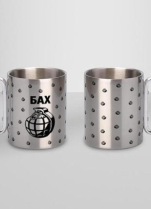 Чашка металева з принтом "бах" 300 мл з карабіном, срібляста