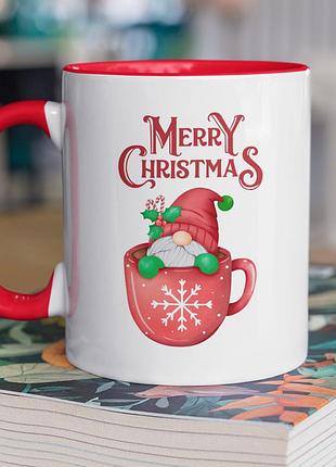 Чашка керамическая с принтом "merry christmas" 330 мл, белая с красной ручкой