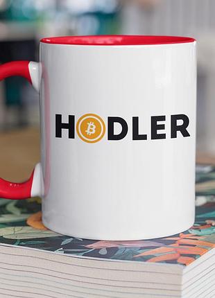 Чашка керамічна з принтом "hodler" 330 мл, біла з червоною ручкою