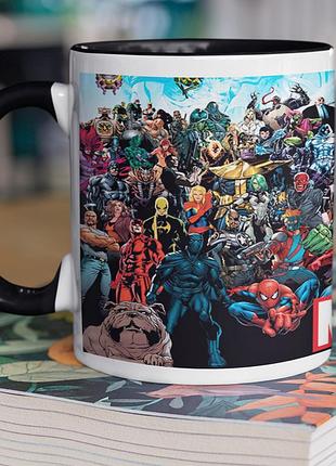 Чашка керамічна з принтом "герої марвел" 330 мл, біла з чорною ручкою