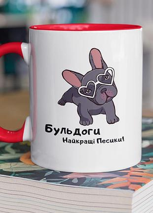 Чашка керамічна з принтом "бульдоги найкращі песики" 330 мл, біла з червоною ручкою