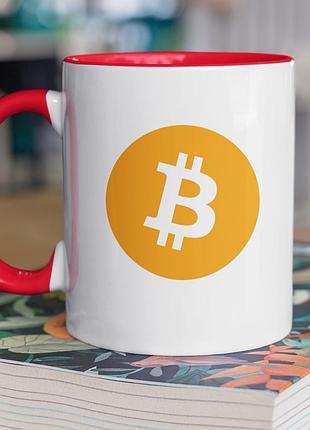 Чашка керамічна з принтом "bitcoin" 330 мл, біла з червоною ручкою