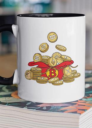 Чашка керамическая с принтом "криптовалюта" 330 мл, белая с черной ручкой