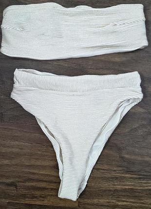 Купальник в рубчик, раздельный, с люрексом, топ и высокие трусики